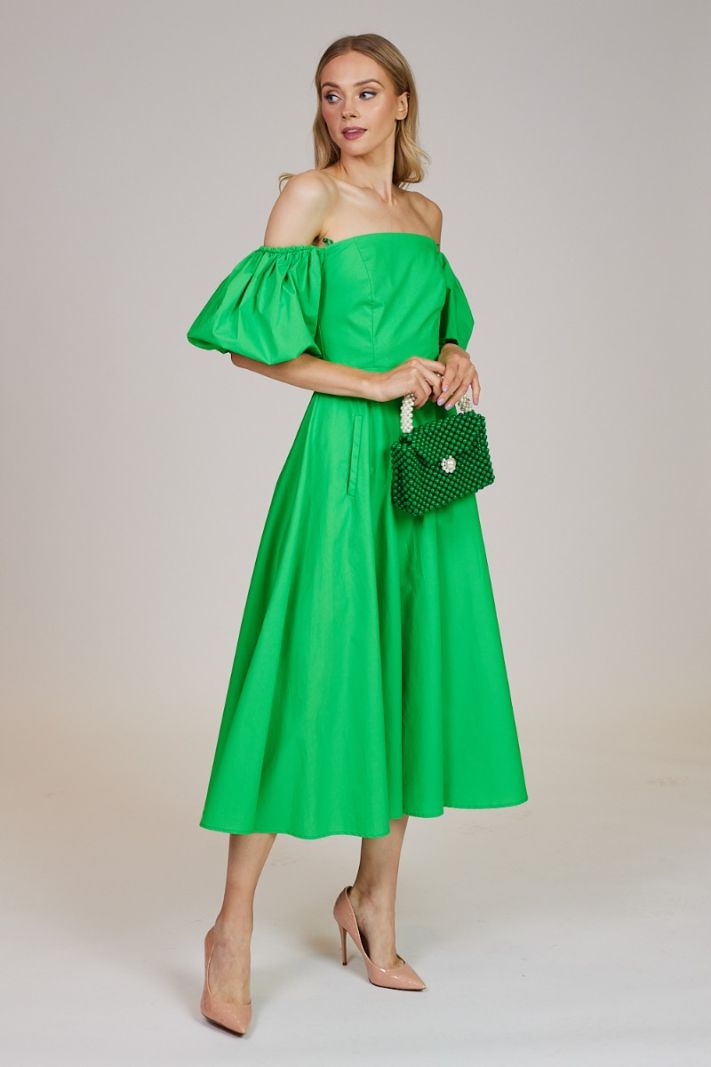 Midi suknelė pūstomis rankovėmis žalios spalvos