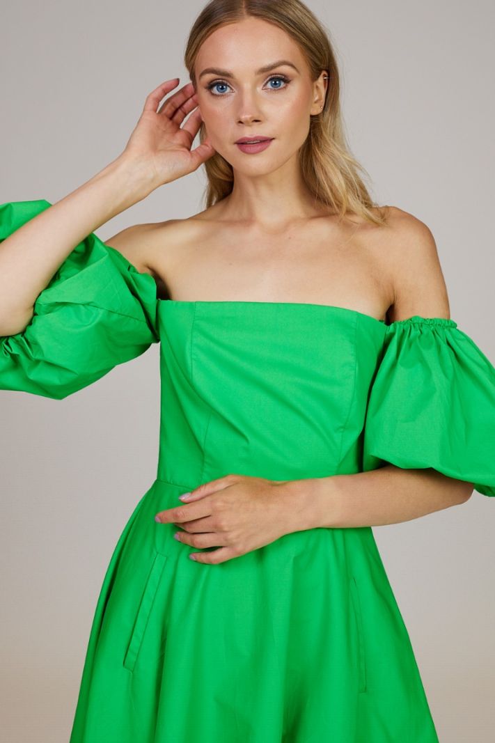 Midi suknelė pūstomis rankovėmis žalios spalvos