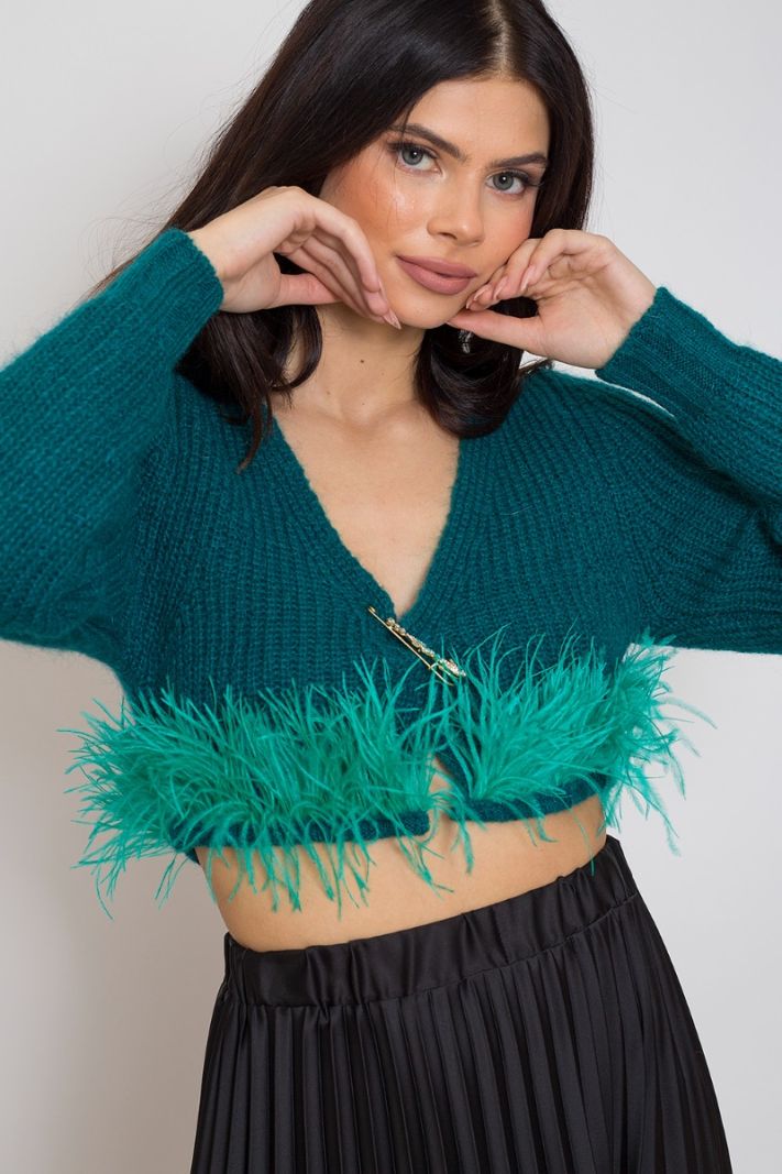 Elektrinės spalvos megztinis su plunksnomis