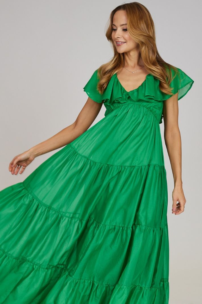 Ilga suknelė su raukiniais, žalios spalvos