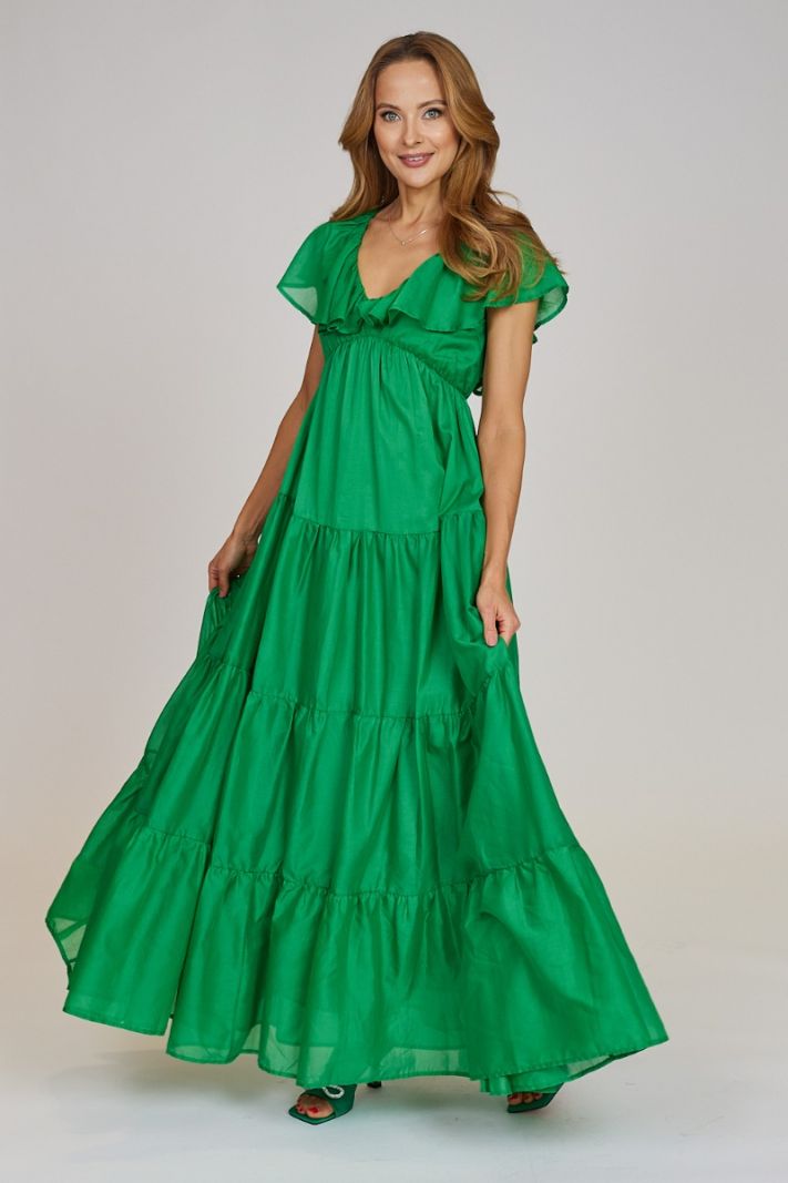 Ilga suknelė su raukiniais, žalios spalvos