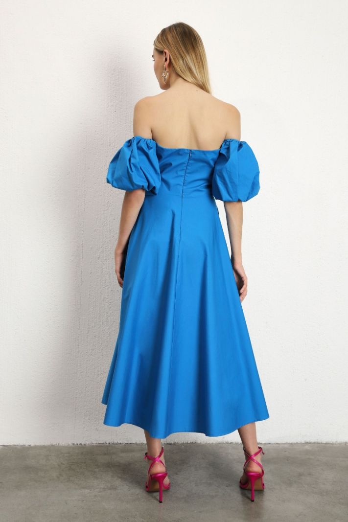 Midi suknelė pūstomis rankovėmis mėlynos spalvos